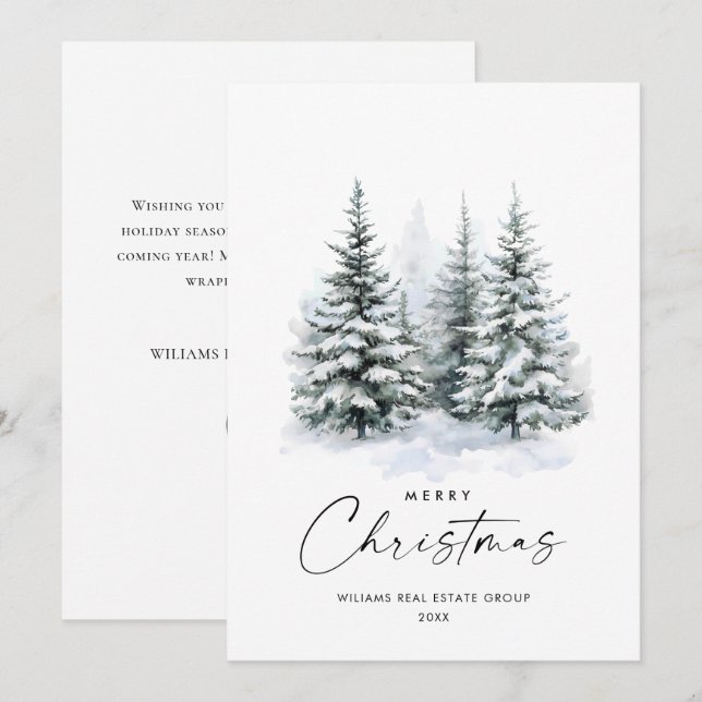 Elegant Watercolor Christmas Pine Tree Corporate Holiday Card (Front/Back)
