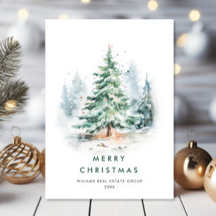 Elegant Watercolor Christmas Pine Tree Corporate Holiday Card