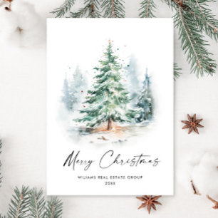 Elegant Watercolor Christmas Pine Tree Corporate Holiday Card