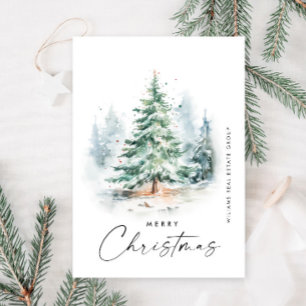Elegant Watercolor Christmas Pine Tree Corporate Holiday Card