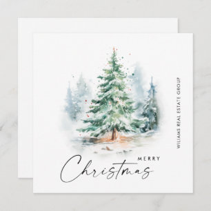 Elegant Watercolor Christmas Pine Tree Corporate Holiday Card
