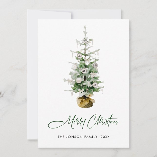 Elegant Watercolor Christmas Pine Tree Greeting Holiday Card (Front)