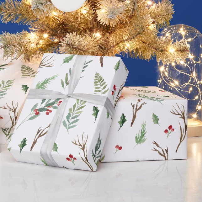 Elegant Watercolor Christmas Red Berry Botanical  Wrapping Paper (Holidays)