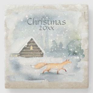 Elegant Watercolor Christmas Snow Date Xmas Stone Coaster