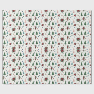 Elegant Watercolor Christmas Tree and Poinsettia Wrapping Paper