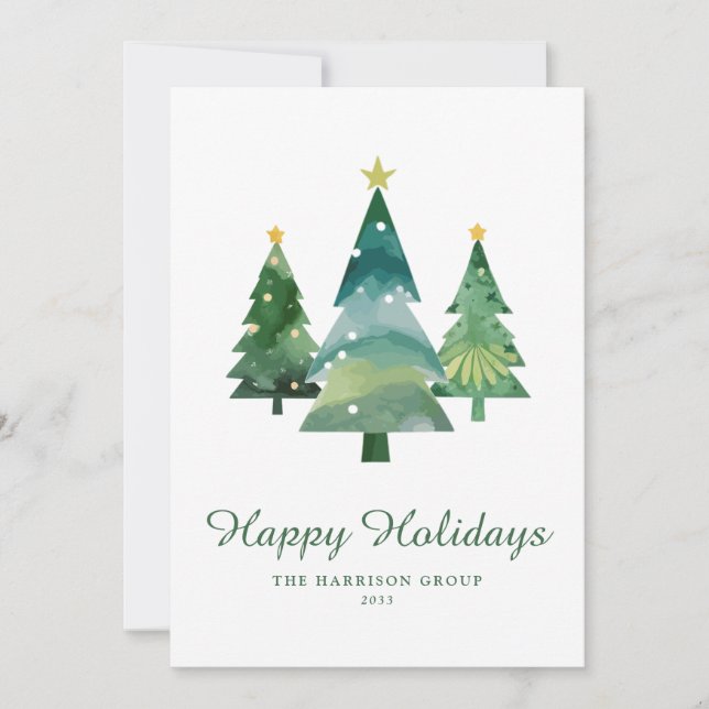Elegant Watercolor Christmas Tree Business Logo Holiday Card (Front)