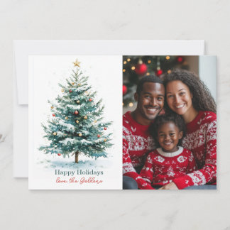 Elegant Watercolor Christmas Tree Custom Photo Holiday Card