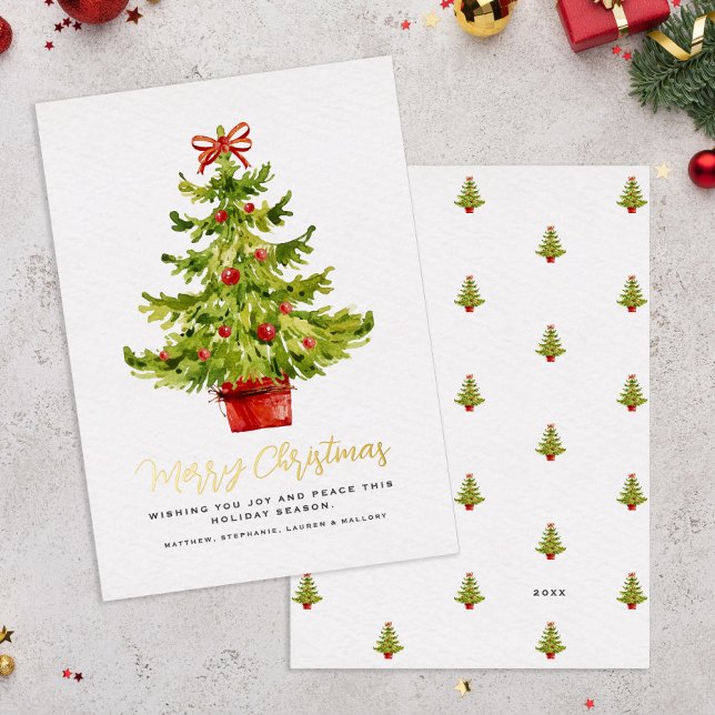 Elegant Watercolor Christmas Tree Gold Script Foil Holiday Card (Elegant Watercolor Christmas Tree Gold Script Foil Holiday Card Front & Back)
