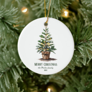 Elegant Watercolor Christmas Tree, Heartfelt Wish Ceramic Tree Decoration