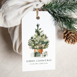 Elegant Watercolor Christmas Tree Holiday Gift Tags<br><div class="desc">Elegant holiday gift tags featuring a festive watercolor Christmas tree adorned with glass ornaments and surrounded by wrapped presents. Personalise the Christmas tree gift tag by adding a custom greeting and your family name. The gift tag reverses to a solid dark green background with subtle snowflakes.</div>