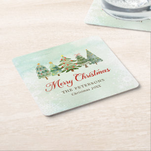Elegant Watercolor Christmas Tree Holiday Party Square Paper Coaster
