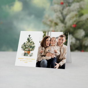 Elegant Watercolor Christmas Tree Photo Foil Holiday Card