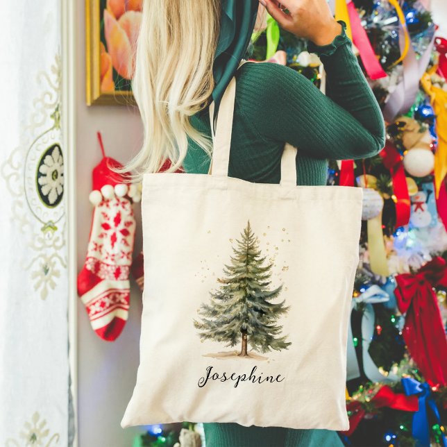 Elegant Watercolor Christmas Tree Pine Tote Bag (Creator Uploaded)