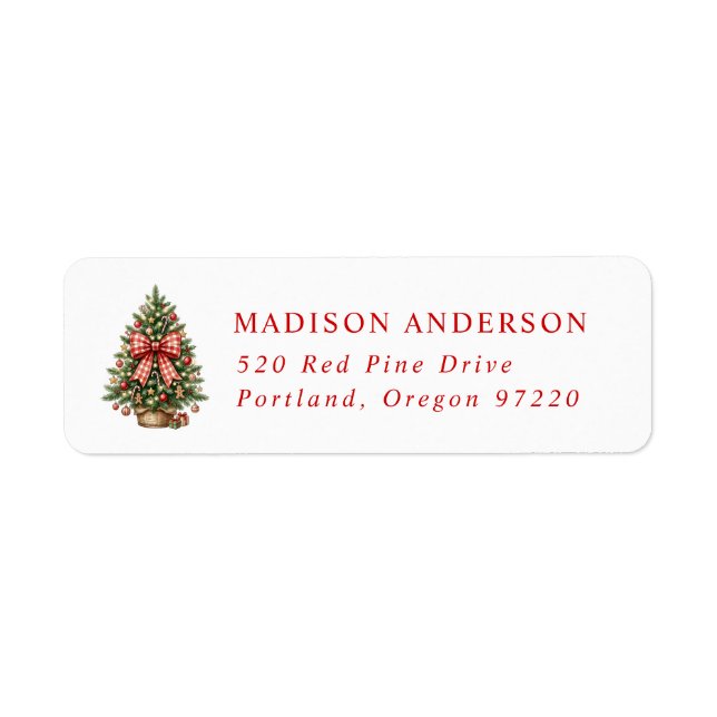 Elegant Watercolor Christmas Tree Red Gingham Bow (Front)