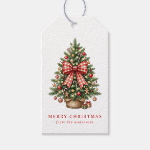 Elegant Watercolor Christmas Tree Red Gingham Bow Gift Tags