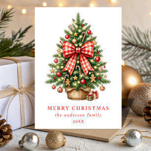 Elegant Watercolor Christmas Tree Red Gingham Bow Holiday Card