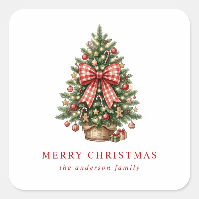 Elegant Watercolor Christmas Tree Red Gingham Bow  Square Sticker (Front)