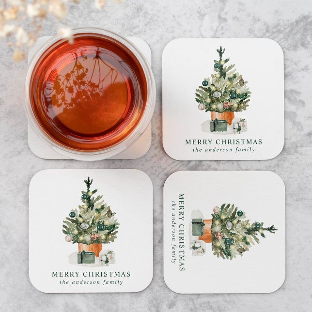Elegant Watercolor Christmas Tree Square Paper Coaster (Creator Uploaded)