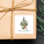 Elegant Watercolor Christmas Tree Square Sticker<br><div class="desc">Elegant holiday stickers featuring a festive watercolor Christmas tree adorned with glass ornaments and surrounded by wrapped presents. Personalise the watercolor Christmas tree stickers with a custom greeting, your family name, or other custom text. The personalised holiday stickers are perfect to use for sealing holiday envelopes, Christmas party favours, and...</div>