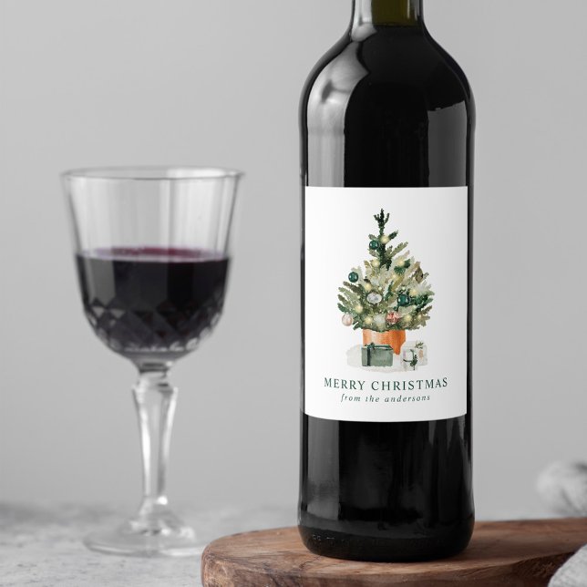 Elegant Watercolor Christmas Tree Wine Label (Creator Uploaded)