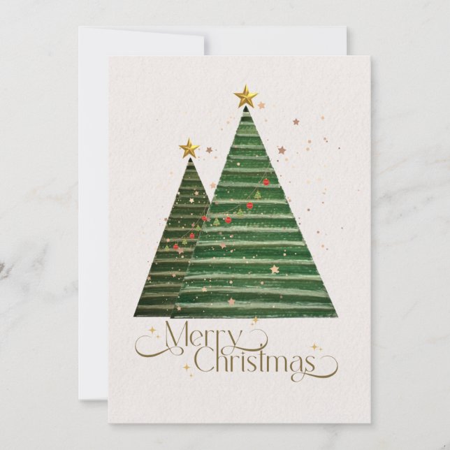 Elegant Watercolor Christmas Trees Card with Golde (Front)
