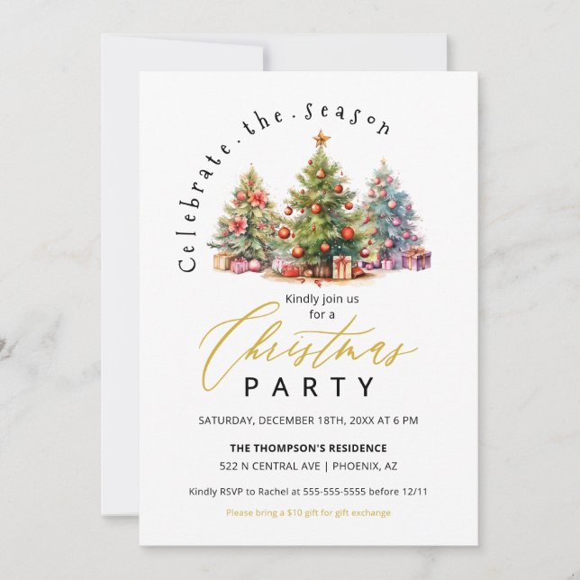 Elegant Watercolor Christmas Trees Holiday Party Invitation (Front)