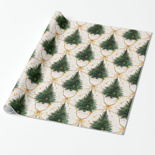 Elegant Watercolor Christmas Trees with Gold Bows Wrapping Paper