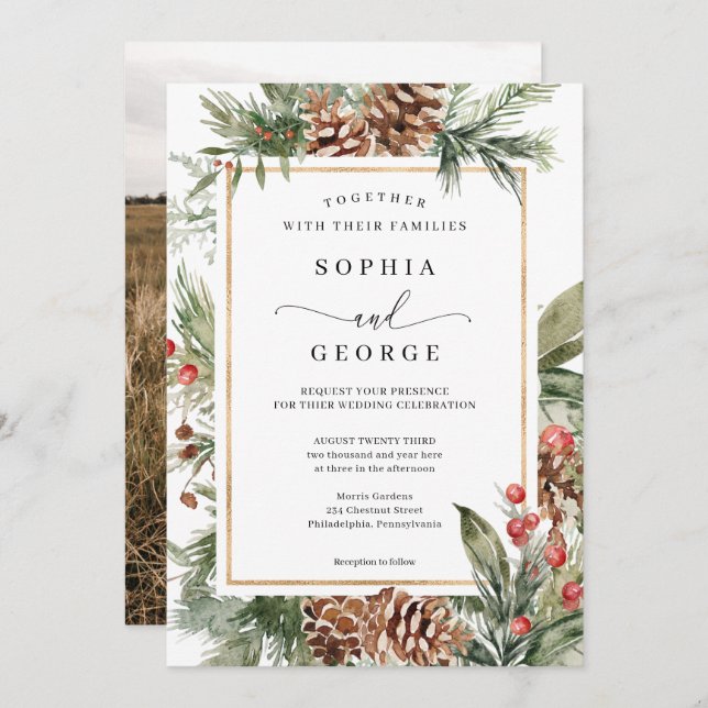 Elegant Watercolor Christmas Wedding Invitation (Front/Back)