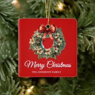 Elegant Watercolor Christmas Wreath Ceramic Ornament