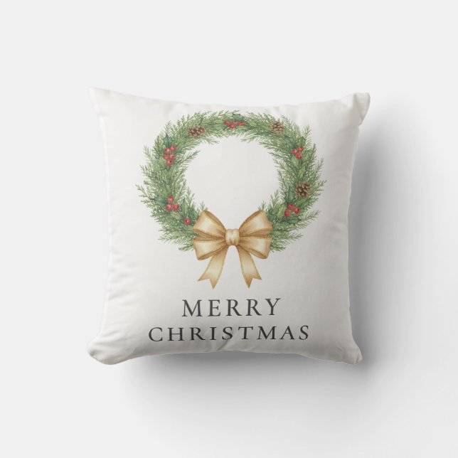 Elegant Watercolor Christmas Wreath & Gold Ribbon  Cushion (Front)