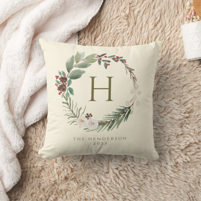 Elegant Watercolor Christmas Wreath Monogram Cushion (Blanket)