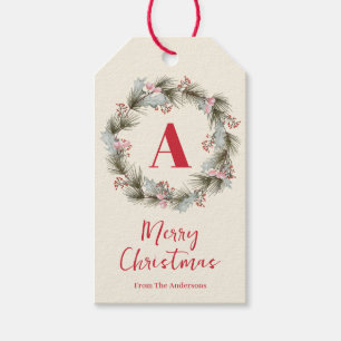 Elegant Watercolor Christmas Wreath Monogram Gift Tags