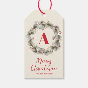 Elegant Watercolor Christmas Wreath Monogram Gift Tags