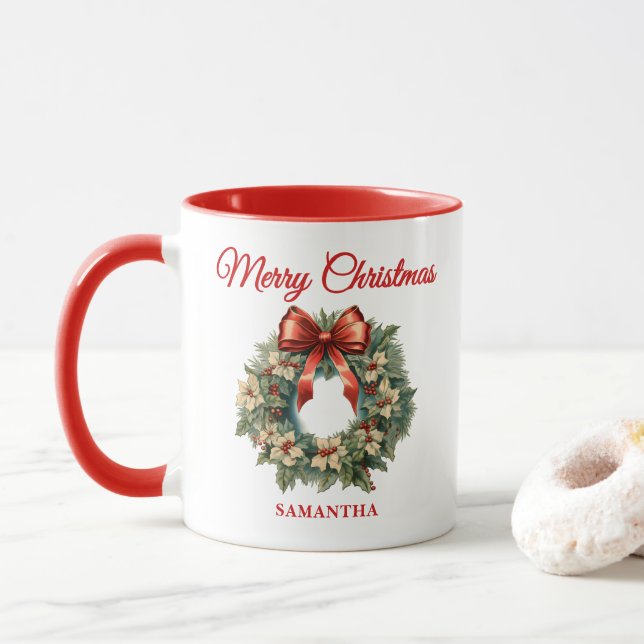 Elegant Watercolor Christmas Wreath Mug (With Donut)