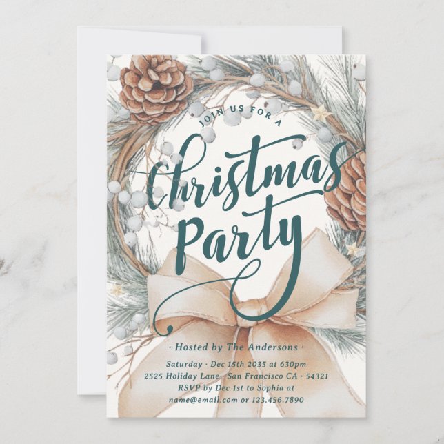 Elegant Watercolor Christmas Wreath Party Invitation (Front)