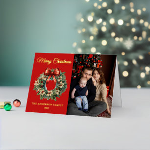 Elegant Watercolor Christmas Wreath Photo Foil Holiday Card