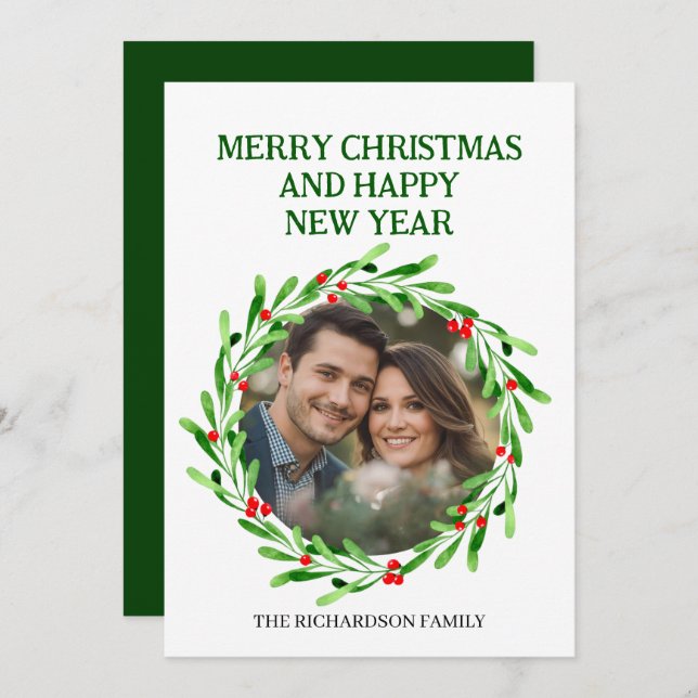 Elegant Watercolor Christmas Wreath Photo Holiday Card (Front/Back)