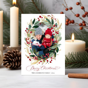 Elegant Watercolor Christmas Wreath Photo Holiday Card