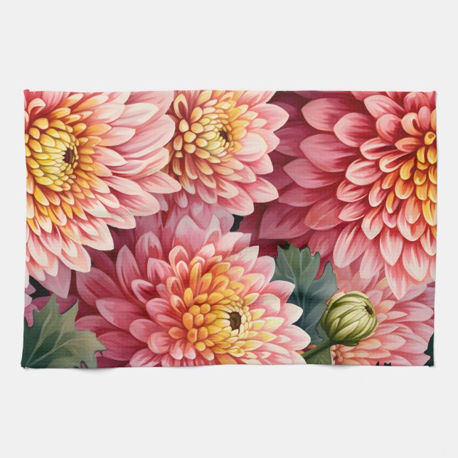 Elegant Watercolor Chrysanthemums Tea Towel (Horizontal)