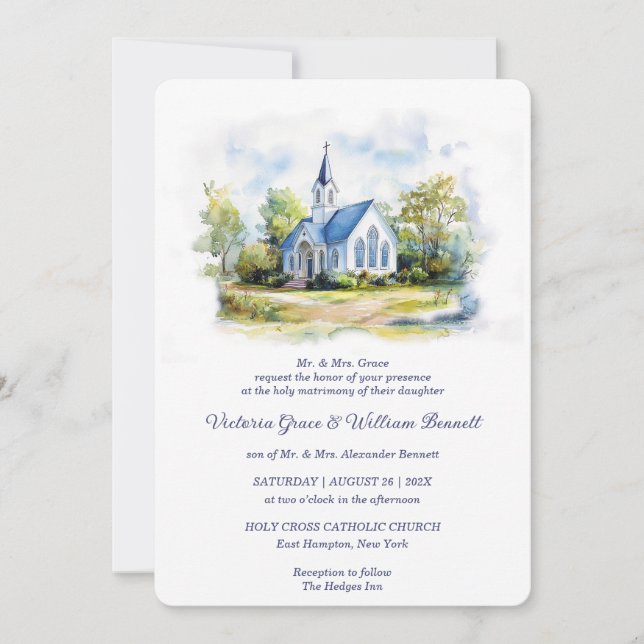 Elegant Watercolor Church Wedding Invitation  (Front)