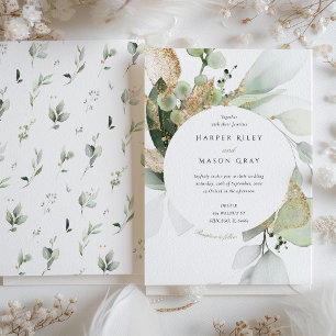 Elegant Watercolor Circle Green Gold Foliage Invitation