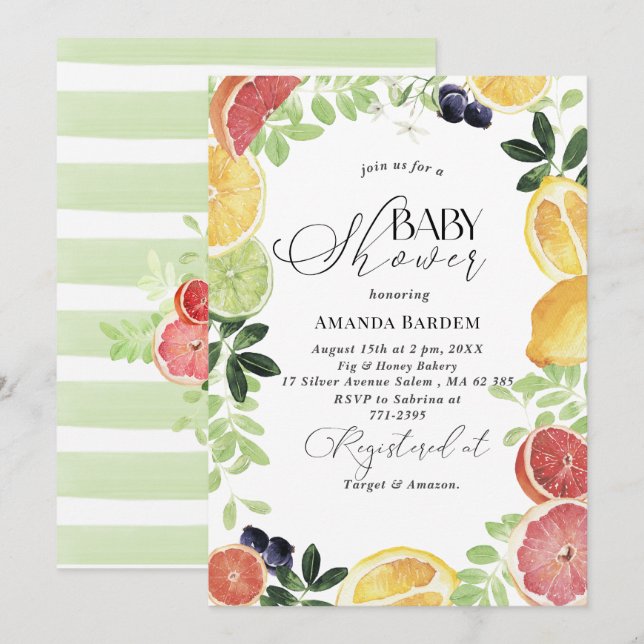 Elegant Watercolor Citrus   baby shower Invitation (Front/Back)