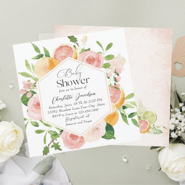 Elegant Watercolor Citrus Pink Flowers Baby Shower Invitation (Creator Uploaded)