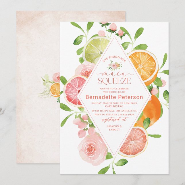 Elegant Watercolor Citrus Pink Flowers  Bridal Sho Invitation (Front/Back)