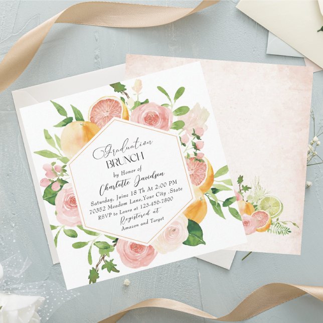 Elegant Watercolor Citrus Pink Flowers Graduation  Invitation (Creator Uploaded)