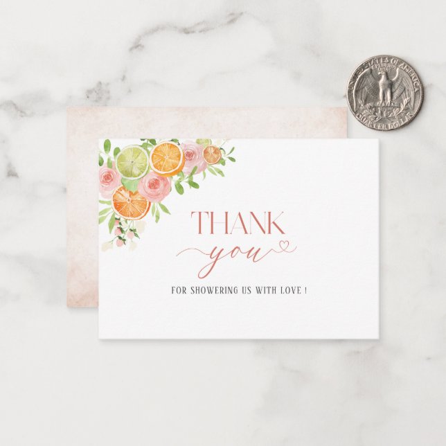  Elegant Watercolor Citrus Pink Flowers Thank You  Card (Front/Back In Situ)