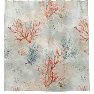 Elegant Watercolor Coastal Coral & Ocean Waves Shower Curtain