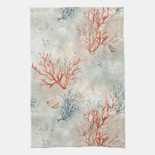 Elegant Watercolor Coastal Coral & Ocean Waves Tea Towel
