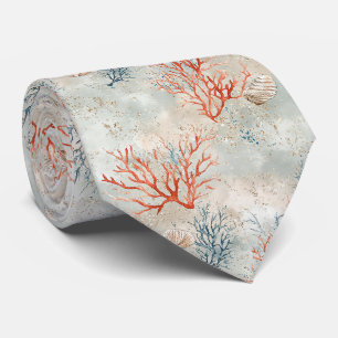 Elegant Watercolor Coastal Coral & Ocean Waves Tie