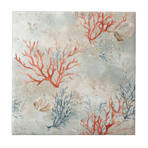 Elegant Watercolor Coastal Coral & Ocean Waves Tile